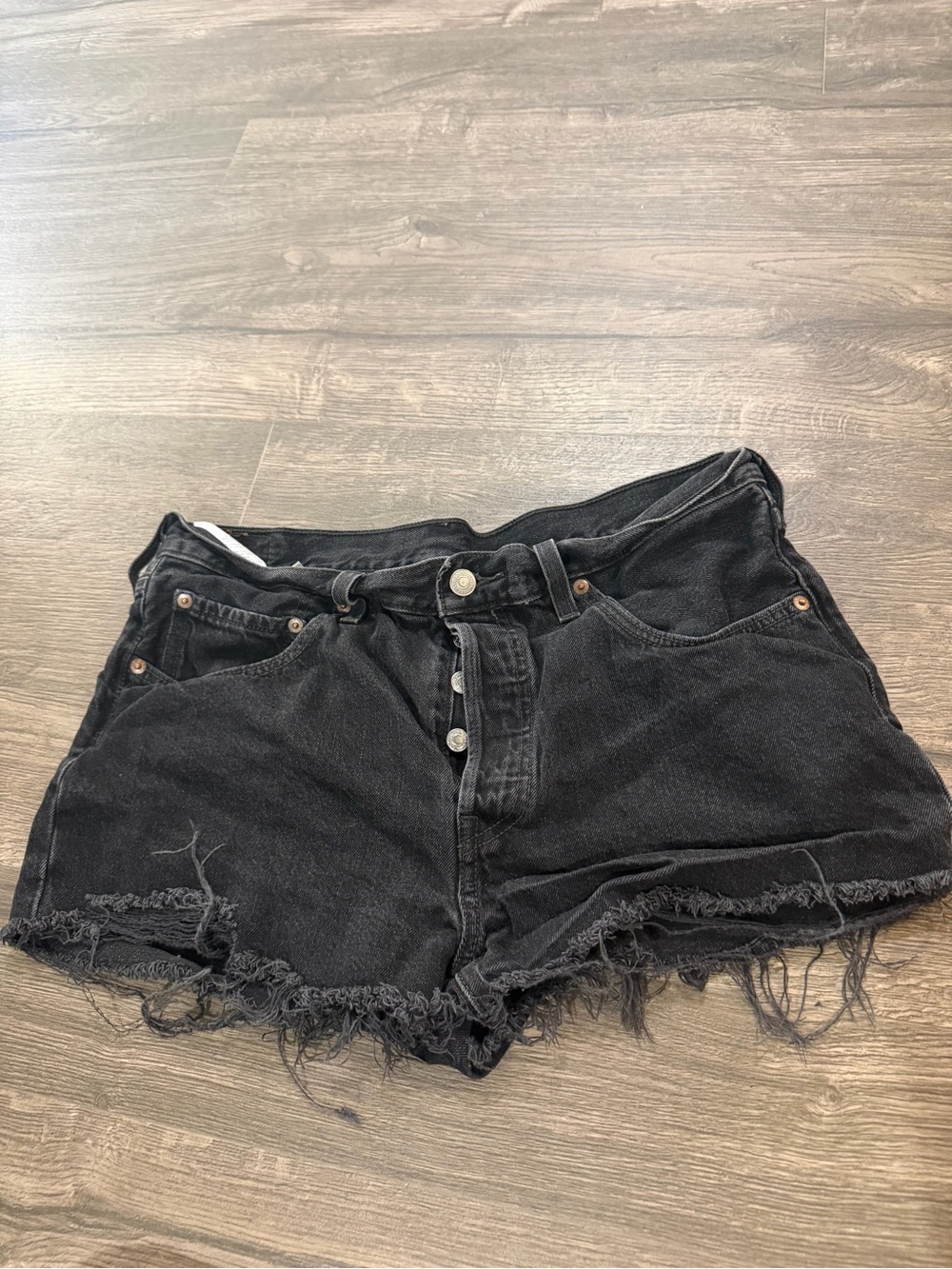 Levis 501 Black Distressed High-Waist Denim Shorts